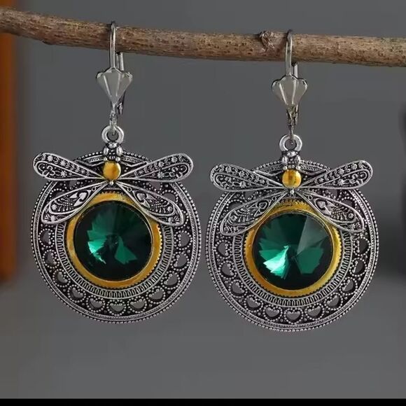 Earrings Dragonfly Women's Retro Green Crystal Dangle New f13 - Picture 3 of 4